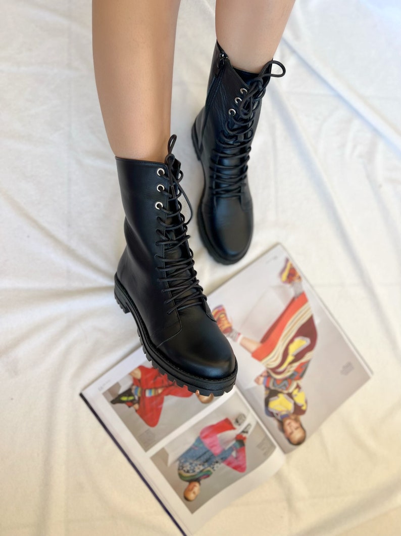 Black Leather Combat Boots Women Winter Boots Black Boots Etsy