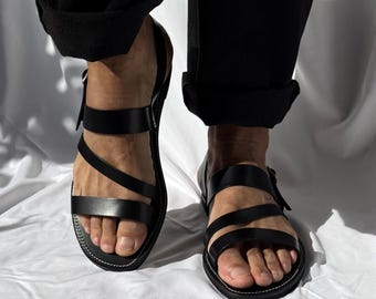 Mens Leather Sandals, Black Slingback Sandals, Mens Sandals, Handmade Greek Strappy Minimal Summer Shoes