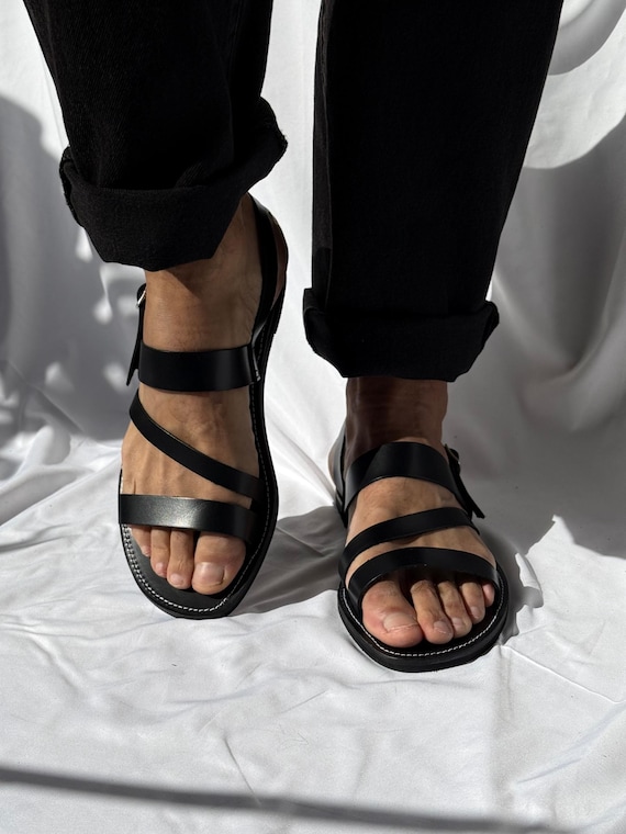Mens Leather Sandals, Black Slingback Sandals, Mens Sandals, Handmade Greek Strappy Minimal Summer Shoes