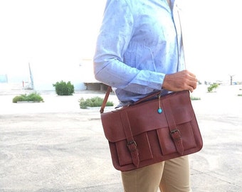 Brown Leather Briefcase, 15 inch Laptop Bag, Messenger Bag, Leather Bag Men, Made from Full Grain Leather, Made in Greece.