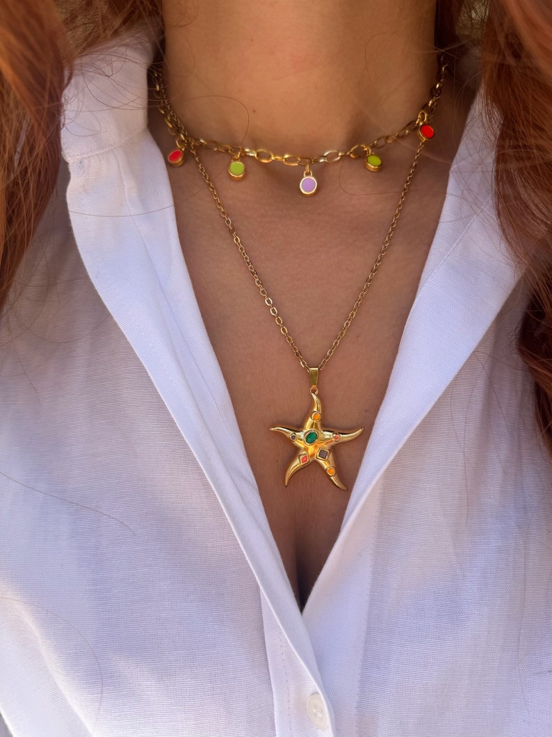 Gold Starfish Necklace, Stainless Steel Necklace, Gold Stones Neckalce, Layerings Necklaces, Beach Necklace, Gift for Her, Made in Greece. zdjęcie 8