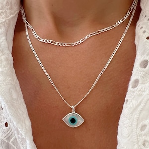 Protection Evil Eye Necklace, Silver Chain Necklace, Evil Eye Pendant, Silver Layers, Gift for Her, Made from Sterling Silver 925.