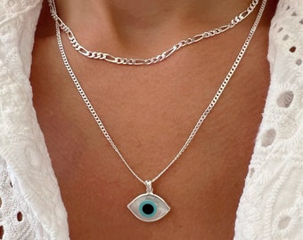 Protection Evil Eye Necklace, Silver Chain Necklace, Evil Eye Pendant, Silver Layers, Gift for Her, Made from Sterling Silver 925.