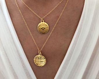 Gold Necklaces, Gold Evil Eye Necklace, Gold Disc Necklace, Evil Eye jewelry, Christian Disc Necklace, Christian Necklace, Gift for Her.