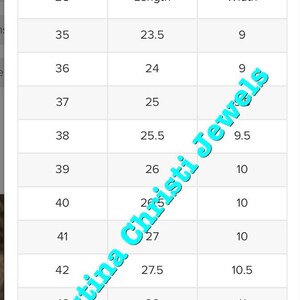 May include: A size guide chart for shoes with columns for European shoe size, length in inches, and width in inches. The chart shows sizes 35 through 48.