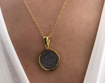 Collana di monete d'oro, collana di dischi, ciondolo di monete, gioielli di monete, regalo per lei, collana delicata, realizzata in argento sterling 925.