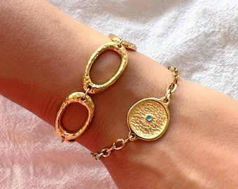 Large Oval Chain Bracelet, Gold Bracelet, Stainless Steel Bracelet,  Chunky Bracelet, Evil Eye Bracelet, Evil Eye Jewelry, Gift fot Her.