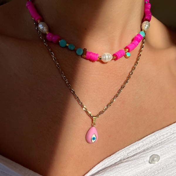 Collier d'été perlé fuchsia, collier de perles, collier mauvais œil, collier en acier inoxydable, cadeau pour elle, fabriqué en Grèce.