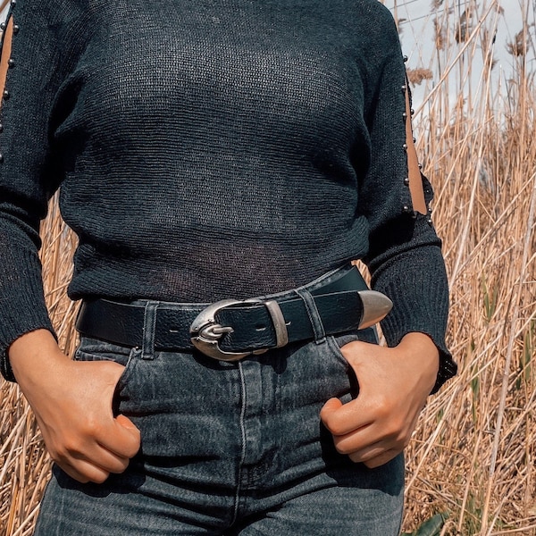 Schwarzer Ledergürtel Frauen, Silber Gürtelschnalle, Frauengürtel, Gürtelschnalle, Geschenk für sie, aus echtem echtem Leder