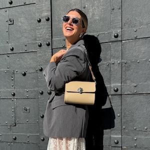 Beige Leather Shoulder Bag, Small Leather Bag, Women Purse, Crossbody Bag, Leather Purse, Gift for Her, Made from Full Grain Leather - Mneme