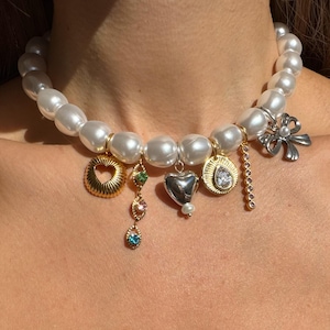 Faux Pearl Necklace, Pendant Charm Necklace, Acrylic Beaded Necklace, Vintage Necklace, Statement Necklace, Gift for Her, Made in Greece