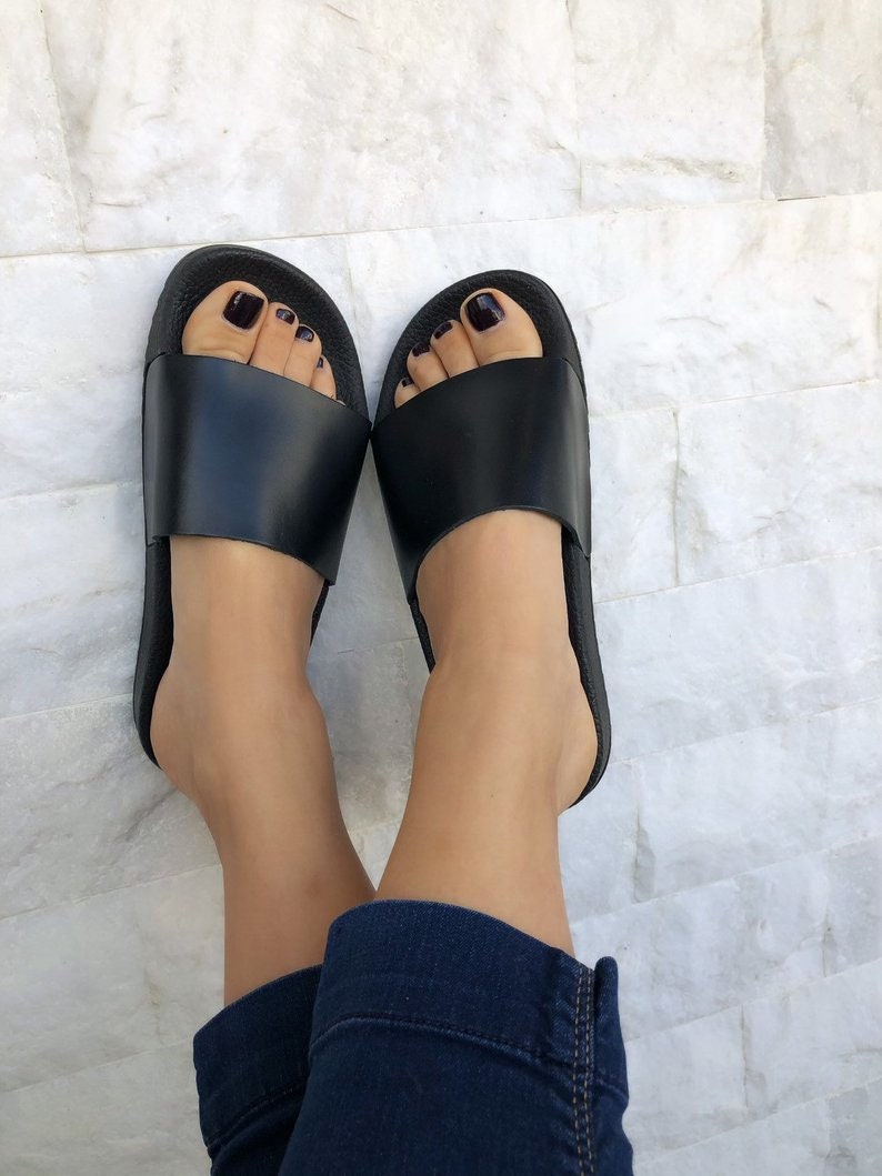 Leather Slides Sandals Slip on Sandals Leather Sandals - Etsy UK