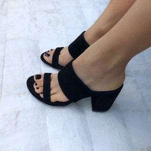 Black Heeled Sandals, Mules Sandals, Leather Sandals, Heeled Mules, Suede Shoes, Slip On Shoes, Made from Suede Leather in Greece. image 9