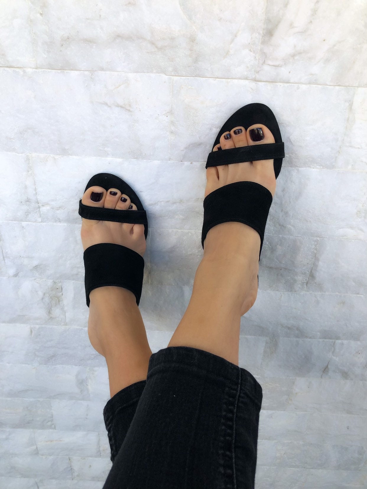 black heeled mule sandals