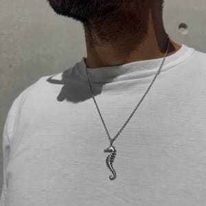 Mens Necklace, Silver Seahorse Necklace, Beach Pendant, Summer Necklace, Gift for Him, Made in Greece, From Stainless Steel Chains.