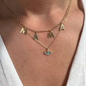 Gold Mama Necklace, Evil Eye Necklace, Mama Charm, Handmade Necklaces with Turquoise Zircons, Made from Gold Plated Sterling SIlver 925.