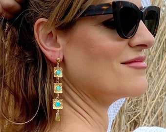 Long Dangle Earrings, Gold Earrings, Stones Earrings, Drop Earrings, Gift for Her, Made in Greece.