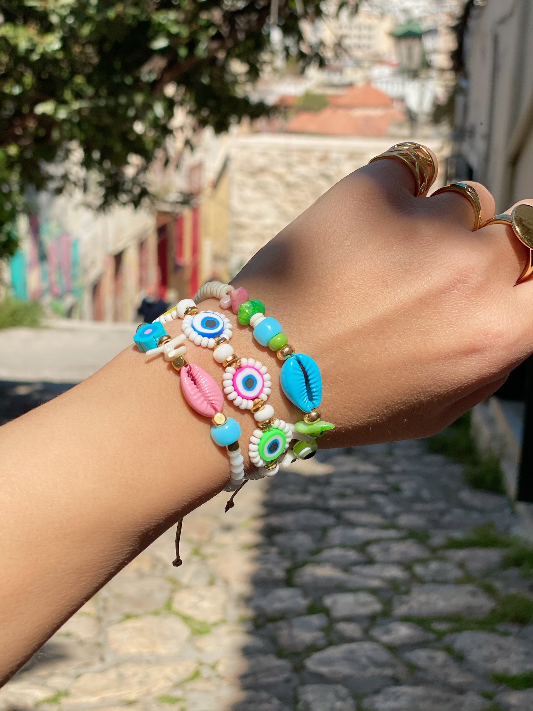 Bunte Muschel Armband elastische böhmische Lehm Perlen Armbänder Schmuck J3S4 Bunte Muschel Armband elastische böhmische Lehm Perlen Armbänder Schmuck J3S4