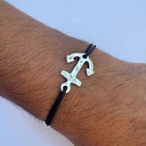 Anchor Bracelet for Men, Minimal Silver Nautical Jewelry, Adjustable Bracelet Gift for Him, Handmade Masculine Cord Bracelet