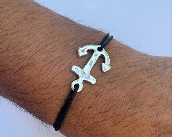 Minimalist Bracelet Men, Silver Anchor Bracelet, Mens Bracelet, Beach Jewelry, Adjustable Cord