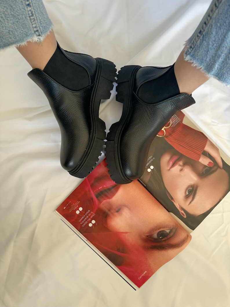 Women Ankle Boots, Black Leather Boots, Slip on Shoes, Black Leather