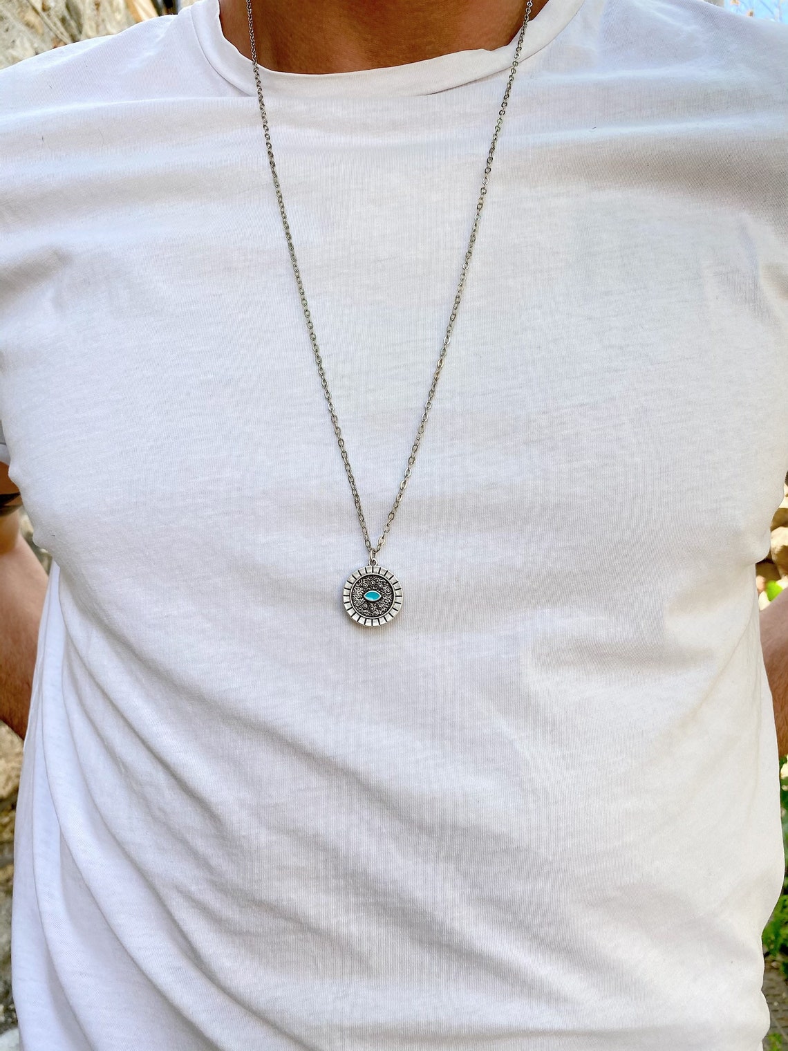 Mens Round Evil Eye Necklace Mens Necklace Silver Evil Eye Etsy