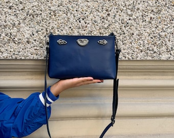 Blue Leather Crossbody Bag, Leather Shoulder Bag Women, Handmade Handbag, Shoulder Bag, Silver Buckles, Full Grain Leather, Gift for Her.