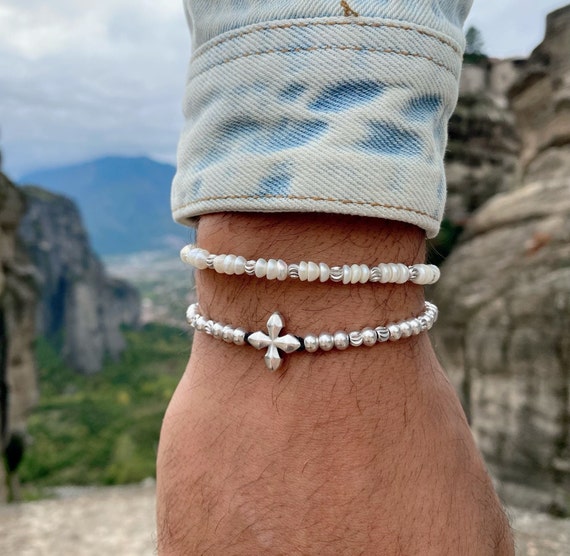 ブレスレット BASSCLEF men bracelet bead beads Mens Bracelets, Pearls Beaded Bracelet, Silver Cross
