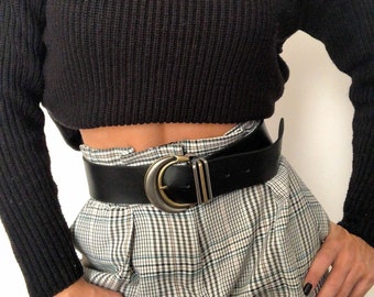 Wide Leather Belt Women, Black Belt, Large Buckle, Gift for Her, Made from Real Genuine Leather, Made In Greece - Silver Moon