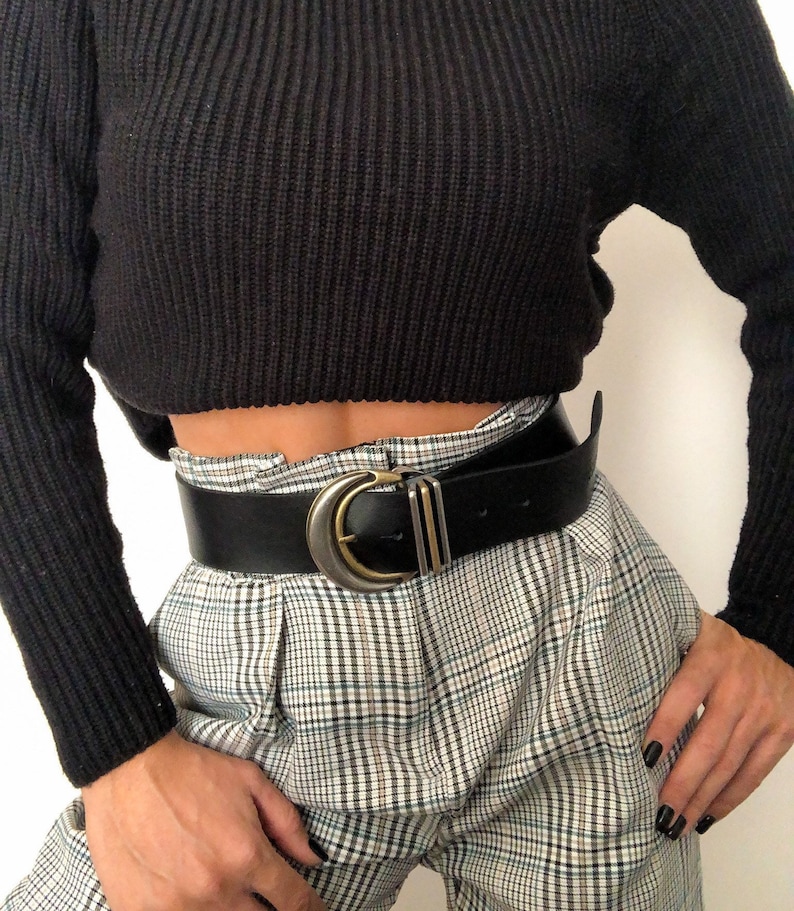 Wide Leather Belt Women, Black Belt, Large Buckle, Gift for Her, Made from Real Genuine Leather, Made In Greece Silver Moon ブラック