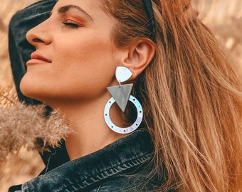 Silver Geometric Earrings, Hoop Earrings, Dangle Earrings, Clip On Earrings, Modern Earrings, Clay Earrings, Gift for Her, Made in Greece.