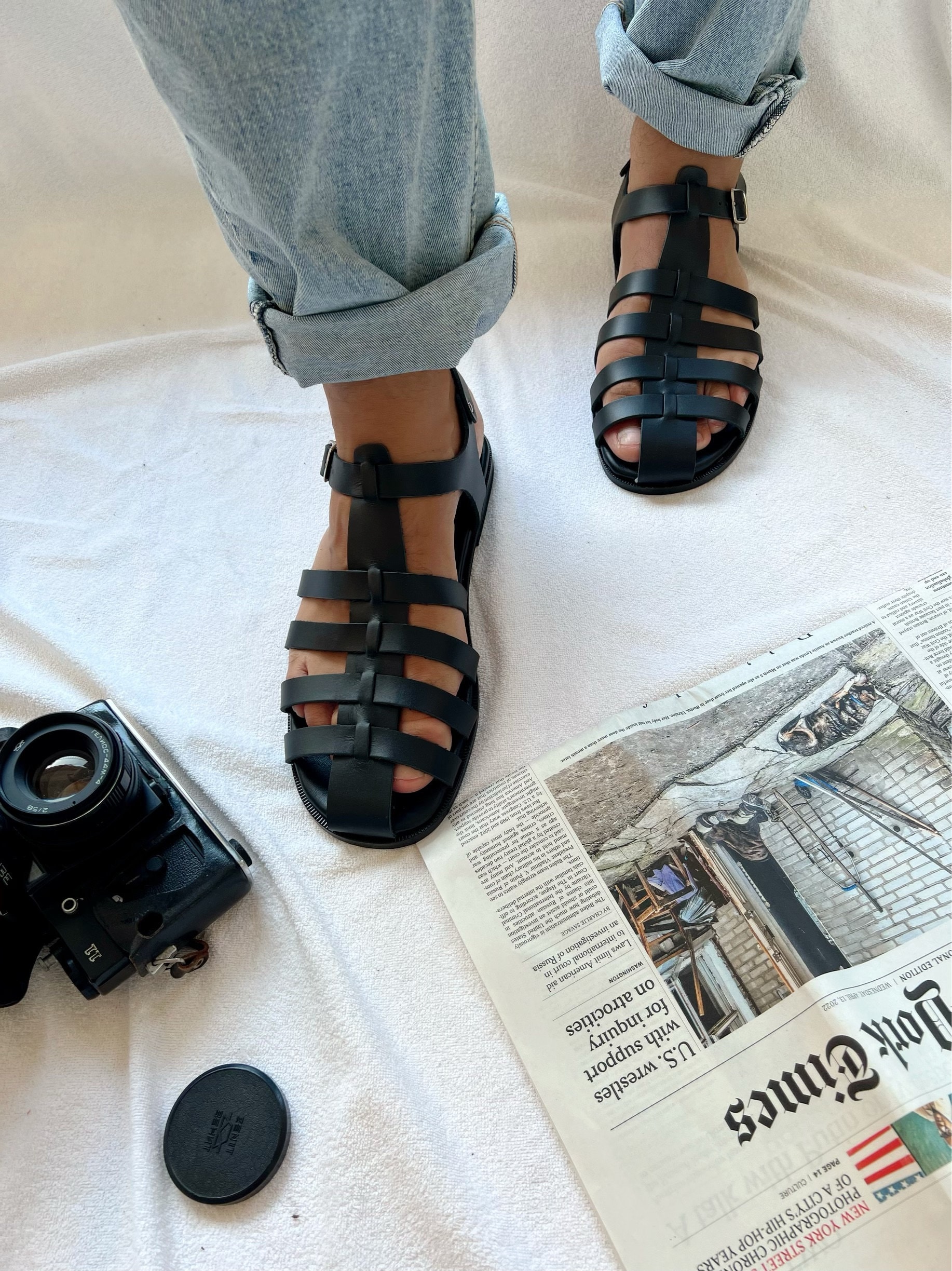 Mens Sandals, Black Leather Gladiator Sandals Men, Summer 
