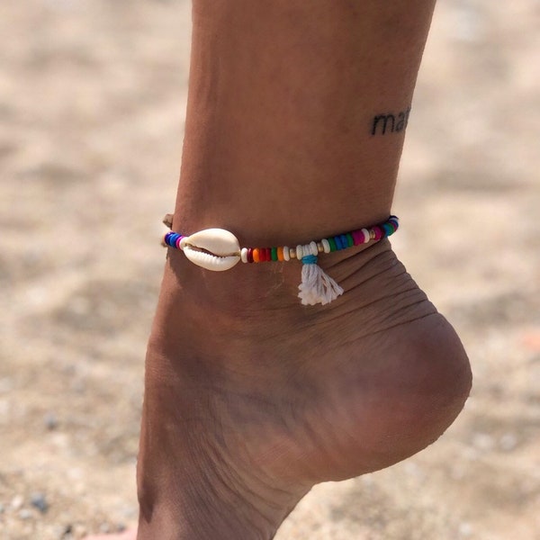 Seashell Anklet, Women Anklet, Colorful Beaded Anklet, Boho Anklet, Ankle Bracelet, Adjustable Anklet, Summer Anklet, Gift for Her.