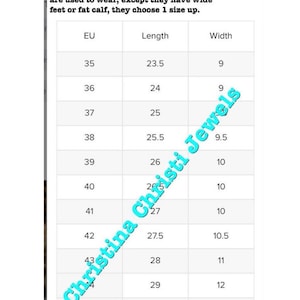 May include: A size guide chart for shoes with measurements in US sizes and centimeters. The chart shows the European shoe size, length in centimeters, and width in centimeters.