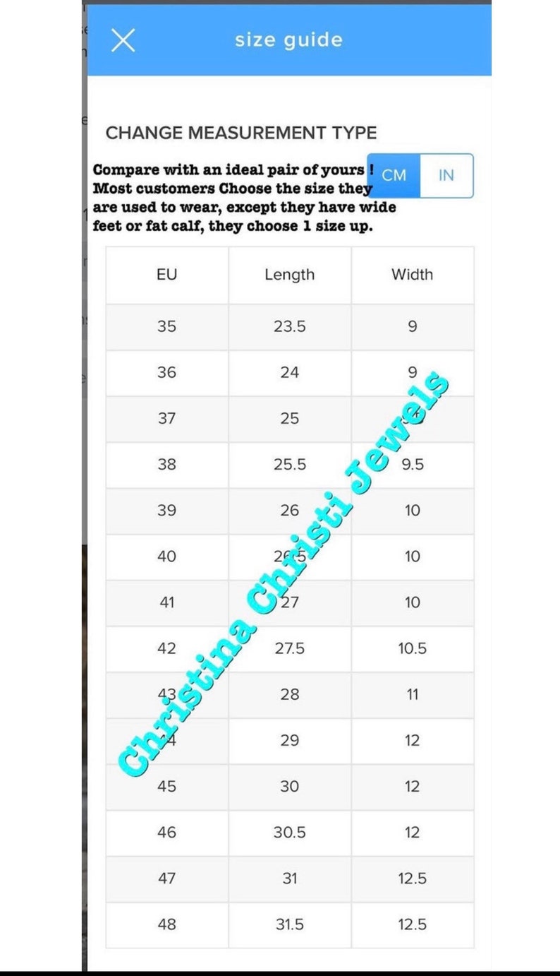 May include: A size guide chart for shoes with measurements in US sizes and centimeters. The chart shows the European shoe size, length in centimeters, and width in centimeters.