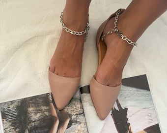 Dusty Pink Leather Mules, Women Mules, Summer Shoes, Silver Chain Ankle Strap.