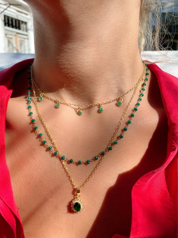 Emerald Necklace Gold Layering Necklaces Pendant Emeralds