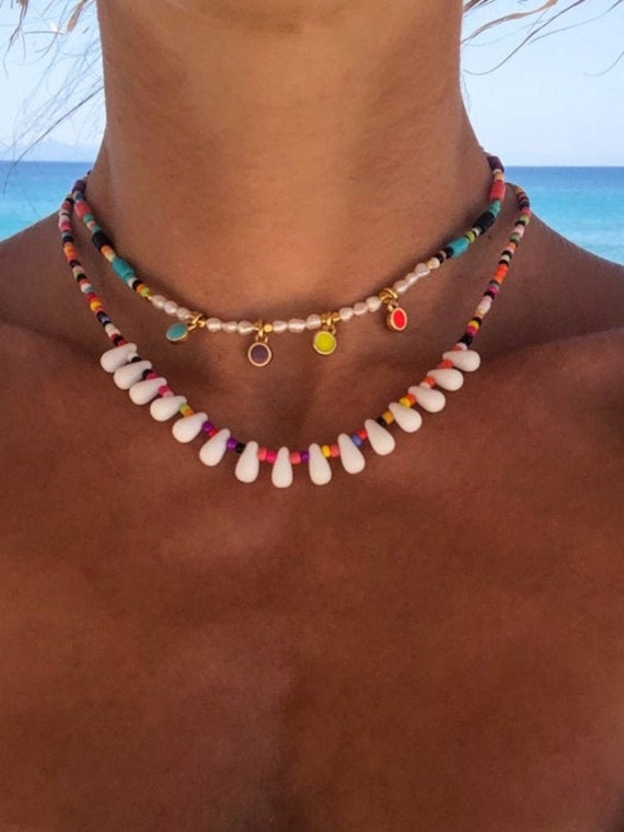 Multicoloured Personalised Beaded Necklace with Pearls – The Lovely Edit