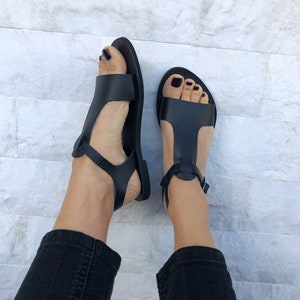 T-Strap Sandals, Leather Sandals, Slingback Sandals, Black Sandals, Strappy Sandals, Made from 100% Genuine Leather in Greece Black