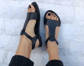 T-Strap Sandals, Leather Sandals, Slingback Sandals, Black Sandals, Strappy Sandals, Made from 100% Genuine Leather in Greece