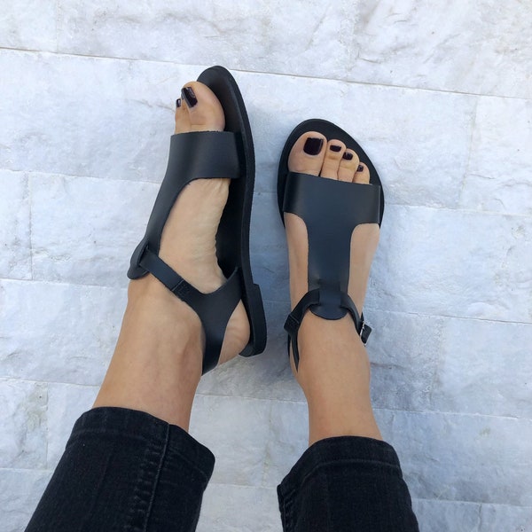 T-Strap Sandals, Leather Sandals, Slingback Sandals, Black Sandals, Strappy Sandals, Made from 100% Genuine Leather in Greece