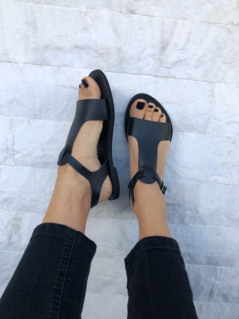 T-Strap Sandals, Leather Sandals, Slingback Sandals, Black Sandals, Strappy Sandals, Made from 100% Genuine Leather in Greece Black