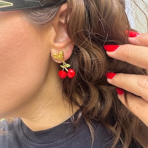 Cherry Earrings, Minimal Styds, Red Enamel & Gold Heart Charm Studs, Summer Jewelry.