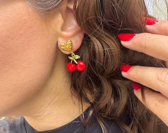 Cherry Charm Earrings, Cherry Earrings, Red Earrings, Minimal Studs, Summer Jewelry.