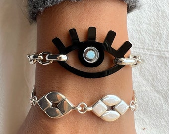 Bescherming boze oog armband, boze oog bedelarmband, boze oog sieraden, cadeau voor haar, gemaakt van roestvrij stalen kettingen, in Griekenland.