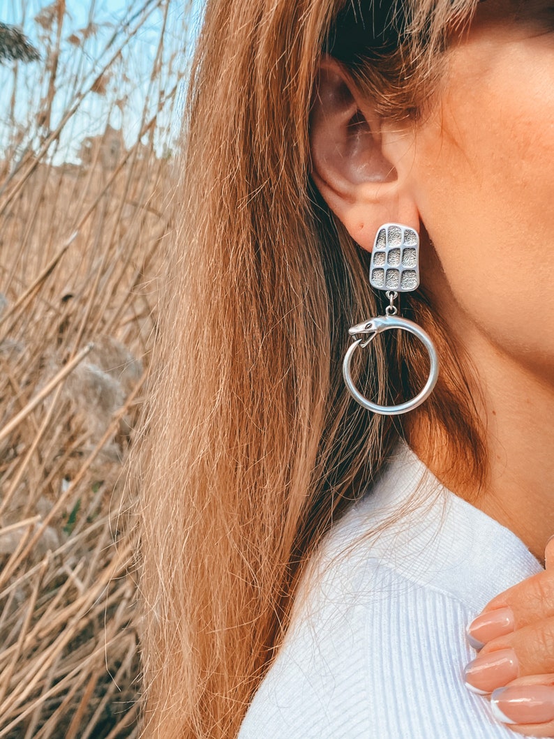 Silver Geometric Earrings Dangle Earrings Snake Earrings Snake Hoop Earrings Made in Greece. Gift for Her