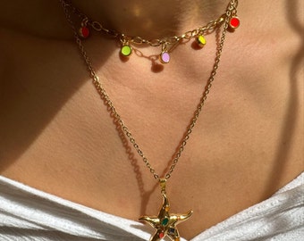 Collier étoile de mer dorée, collier en acier inoxydable, collier pierres dorées, superpositions de colliers, collier de plage, cadeau pour elle, fabriqué en Grèce.