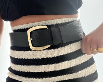 Wide Leather Belt, Black Leather Belt, Women Leather Belt, Wide Belt, Gold Buckle, Gift for Her, Made in Greece - Gold n Croco