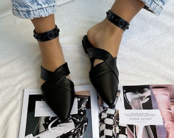 Black Leather Mules, Summer Mules, Slip On Mules, Closed Toe Sandals, Made in Greece