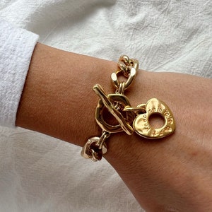 Gold Chunky Chain Bracelet Heart Charm, Heart Bracelet, Heart Charm, Love Bracelet, Gift for Her, Made in Greece.